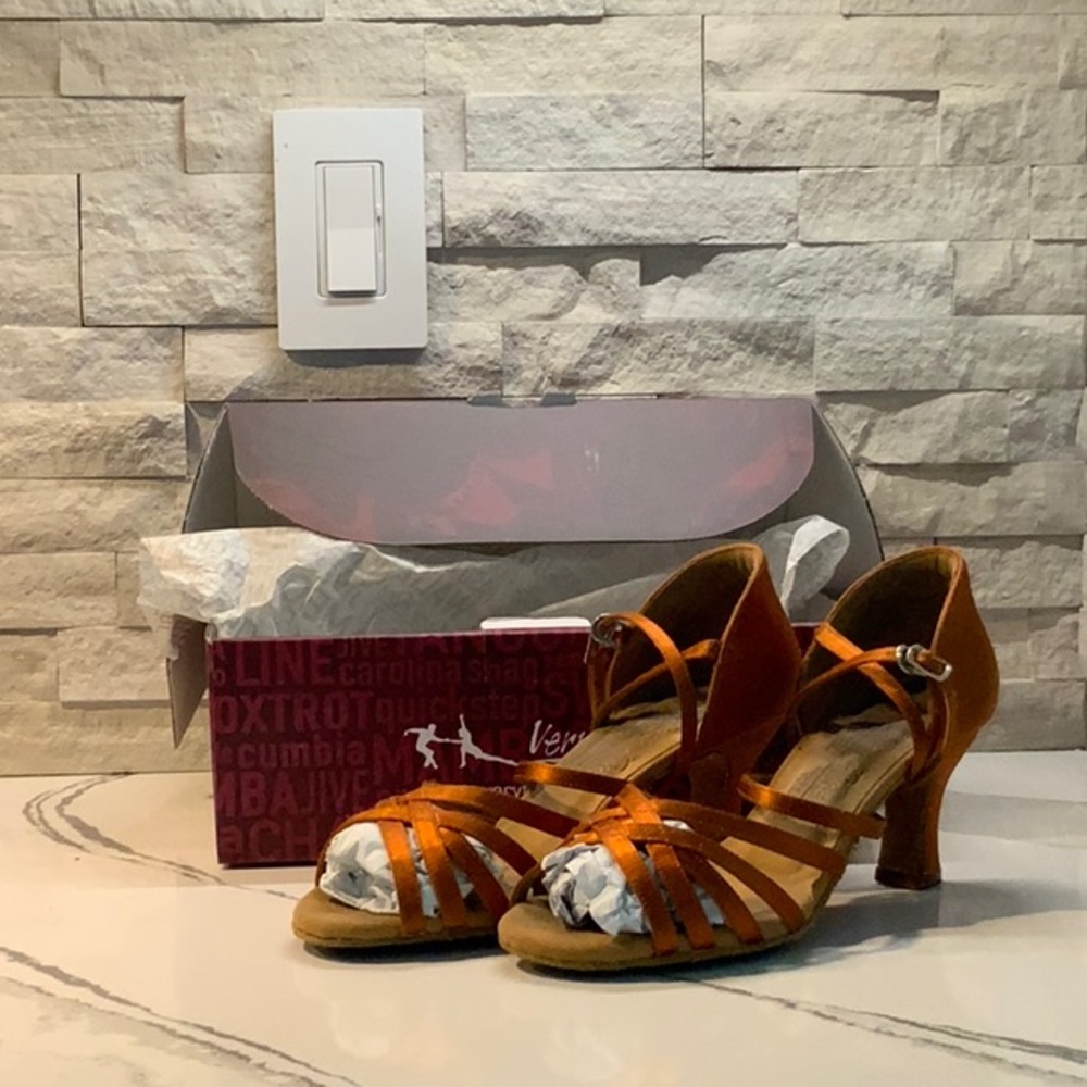 Very Fine S9216 Copper Tan Satin Ballroom Latin Dance Shoes 2.5” heel. Size: 8.5